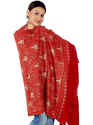 Red Semi-Pashmina Kashmiri Shawl with Intricately Embroidered Chinar Leaves by Hand