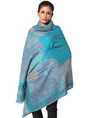 Robin-Egg Blue Jamawar Shawl with Needle Embroidery by Hand