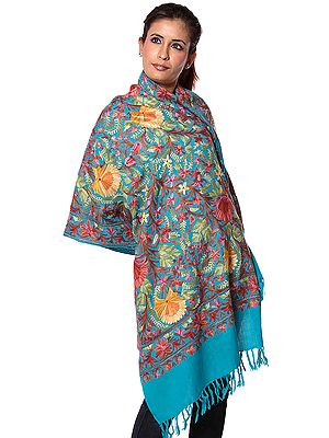 Robin-Egg Blue Jamdani Stole from Kashmir with Dense Floral Embroidery All-Over