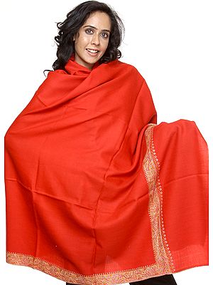 Scarlet Tusha Shawl with Densely Hand-Embroidered Border