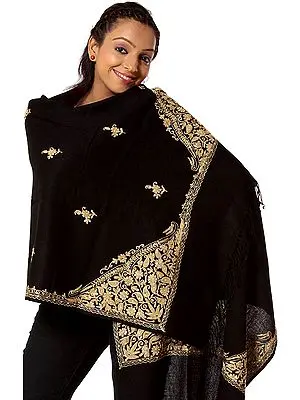 Black Stole with Crewel Embroidery and Sequins