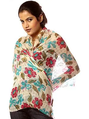 Ivory Missing-Checks Stole with Floral Print