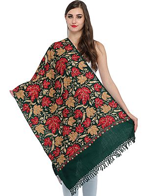 Crewel Stole with Embroidered Maple Leaves All-Over