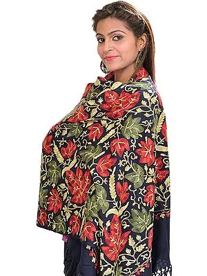 Crewel Stole with Embroidered Maple Leaves All-Over