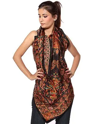 Black Satin Scarf with Printed Paisleys