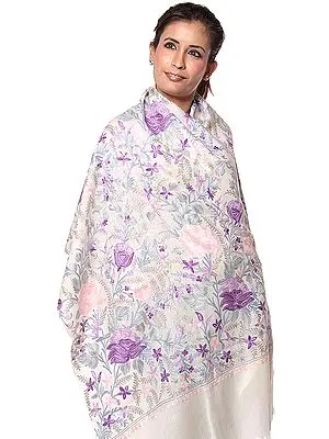 Ivory Jamdani Stole from Kashmir with Embroidered Flowers in Pink and Amethyst
