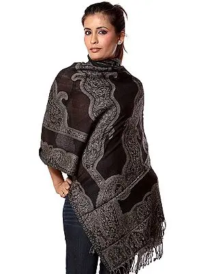 Black Jamawar Stole with Woven Paisleys