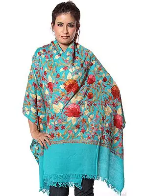 Turquoise-Blue Jamdani Stole from Kashmir with Dense Floral Embroidery All-Over