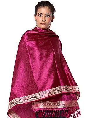 Fuchsia-Rose Banarasi Hand-Woven Shawl with All-Over Tanchoi Weave