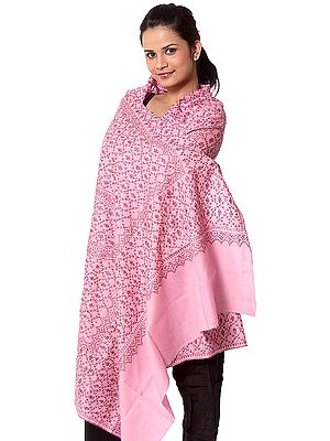 Pink Tusha Shawl with All-Over Sozni Embroidery by Hand