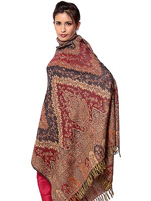 Tri-Color Reversible Jamawar Shawl with All-Over Weave
