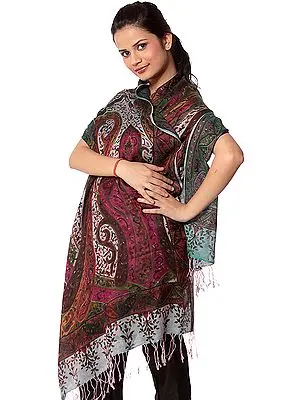 Multi-Color Kani Stole with Printed Paisleys