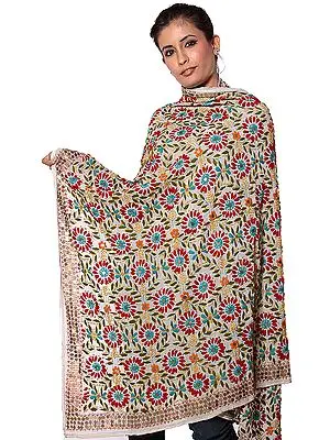 Ivory Kantha Embroidered Shawl with All-Over Sequins
