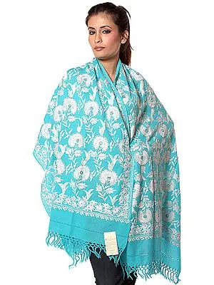 Robin-Egg Blue Aari Stole with All-Over Embroidery and Beadwork
