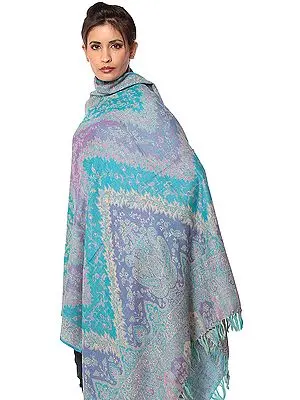 Blue and Purple Reversible Jamawar Shawl with All-Over Weave