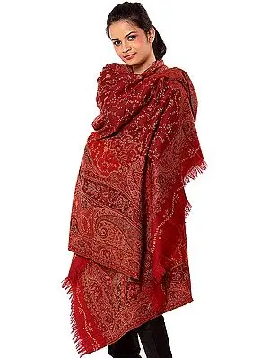 Red and Maroon Jamawar Shawl with All-Over Needle Stitch Embroidery by Hand