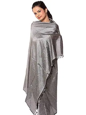 Gray Banarasi Shawl with Tanchoi Weave in Silver Thread