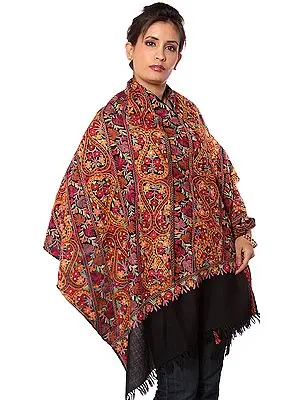 Black Jamdani Stole from Kashmir with Dense Aari Embroidery