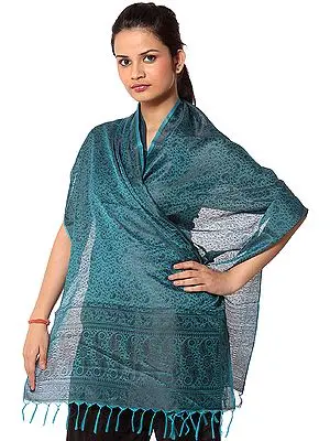 Mosaic-Blue Banarasi Scarf with Tanchoi Weave