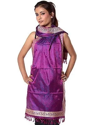 Purple-Wine Banarasi Hand-Woven Stole with All-Over Tanchoi Weave