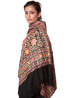 Black Aari Stole with Floral Embroidery All-Over