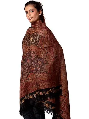 Black Jamawar Shawl with Needle Stitch Embroidery by Hand and Woven Flowers