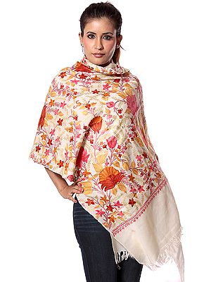 Ivory Jamdani Stole from Kashmir with Large Embroidered Flowers