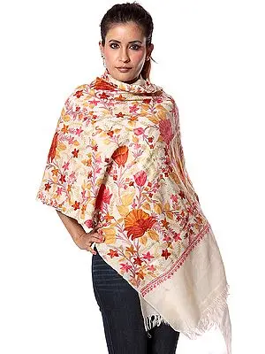 Ivory Jamdani Stole from Kashmir with Large Embroidered Flowers
