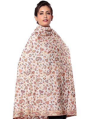Ivory Kani Jamawar Shawl with Woven Paisleys in Multi-Color Thread