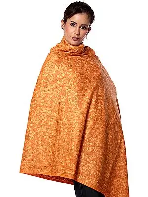 Orange Shawl with Aari Embroidered Paisleys All-Over