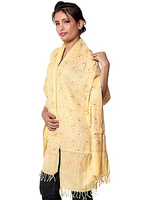 Straw-Yellow Aari Embroidered Stole with Sequins and Beads
