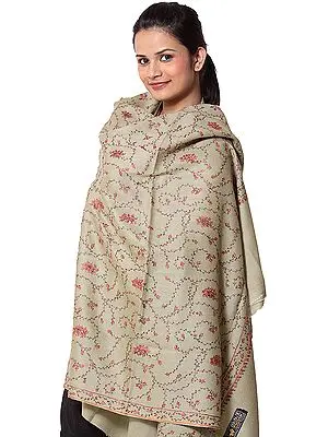 Moss-Gray Tusha Shawl with All-Over Sozni Embroidery by Hand