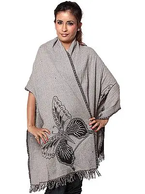 Gray and Black Double-Sided Boiled-Wool Stole with Woven Butterfly