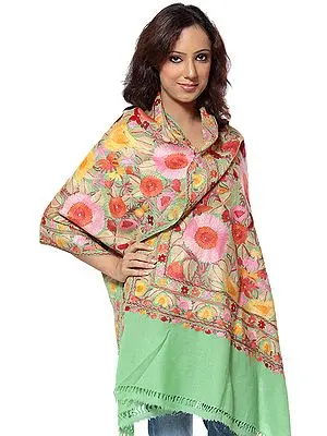 Shamrock-Green Jamdani Stole from Kashmir with Multi-Color Embroidery All-Over