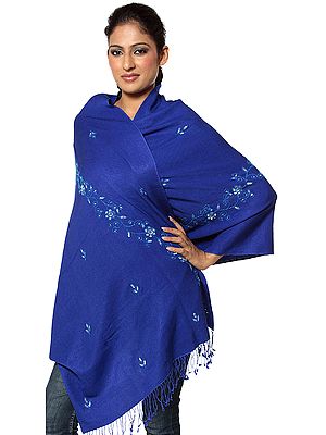 Ultramarine-Blue Silk-Pashmina Stole from Nepal with Embroidered Beads