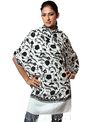 Ivory and Black Stole with Aari Embroidered Flowers