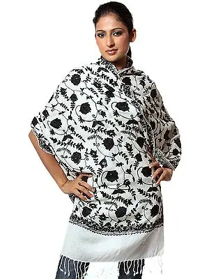 Ivory and Black Stole with Aari Embroidered Flowers