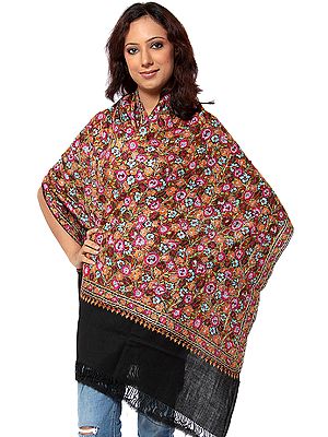 Black Kashmiri Stole with Dense Hand-Embroidery Resembling Papier Machie