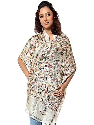 Ivory Wildlife Scarf from Kolkata with Kantha Stitch Embroidery