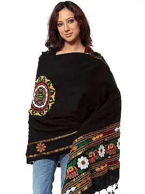 Black Shawl from Kutchh with Multi-Color Embroidery