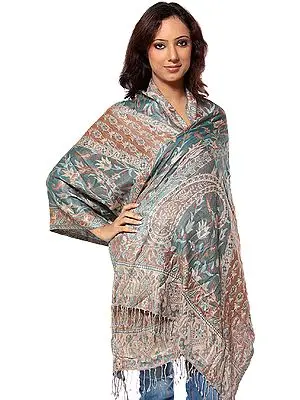 Aqua and Brown Reversible Jamawar Stole with Woven Paisleys