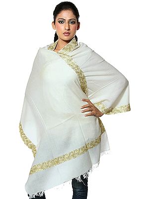 Plain Ivory Stole with Embroidered Border in Golden Thread