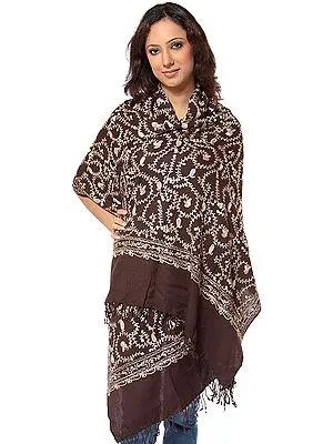 Dark-Brown Stole with Aari Embroidered Paisleys All-Over