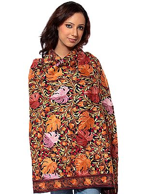 Midnight-Blue Jamdani Shawl from Kashmir with Embroidered Maple Leaves