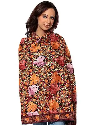 Midnight-Blue Jamdani Shawl from Kashmir with Embroidered Maple Leaves