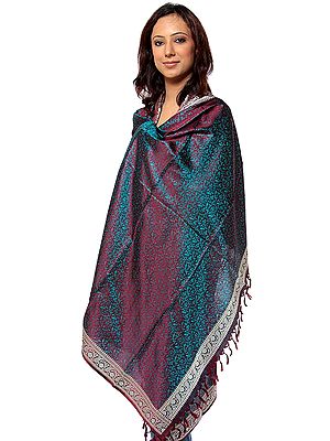 Cordovan Banarasi Hand-Woven Shawl with All-Over Tanchoi Weave