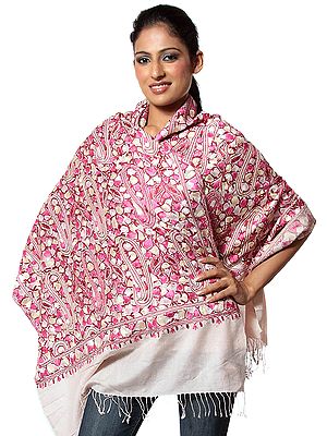 Peach  Jamdani Stole from Kashmir with Multi-Color Aari Embroidery in Silk Thread