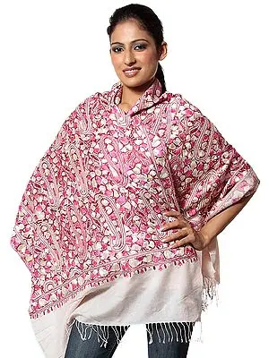 Peach  Jamdani Stole from Kashmir with Multi-Color Aari Embroidery in Silk Thread
