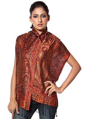 Black and Orange Reversible Jamawar Scarf with All-Over Woven Paisleys