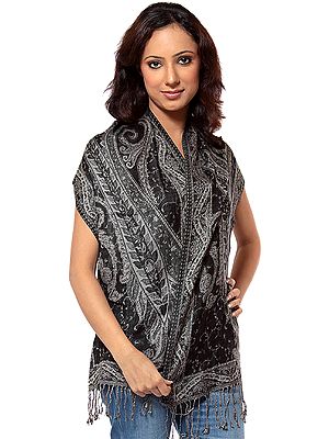 Black Reversible Jamawar Scarf with Long Paisleys